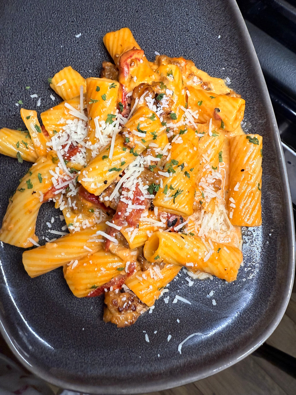 Creamy Sausage Rigatoni & Cherry Crumble