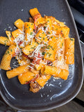 Creamy Sausage Rigatoni & Cherry Crumble